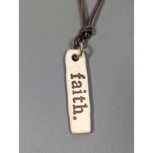 MudLove Inspirational Faith Ceramic‎ Bar Pendant Brown Adjustable Cord Necklace